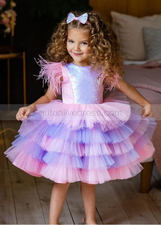 Sequin Pink Violet Layered Tulle Flower Girl Dress With Feather